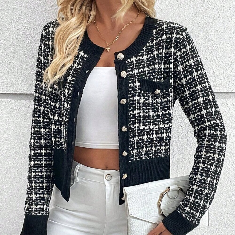 Black and White Casual Women's Plaid Pattern Button Front Cardigan